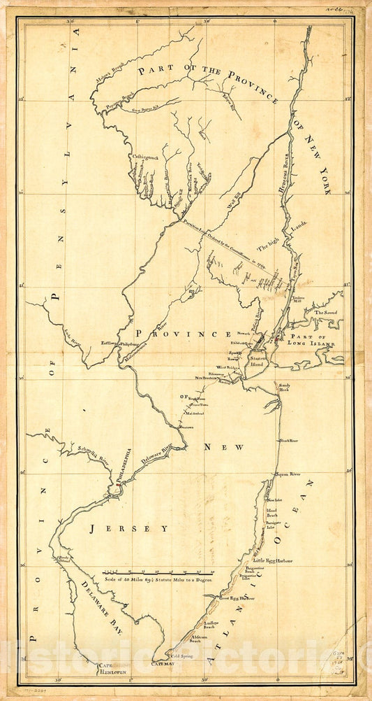 Historic 1769 Map - New York & New Jersey commissioners line from 41 on Hudson's River Taken in 1769.