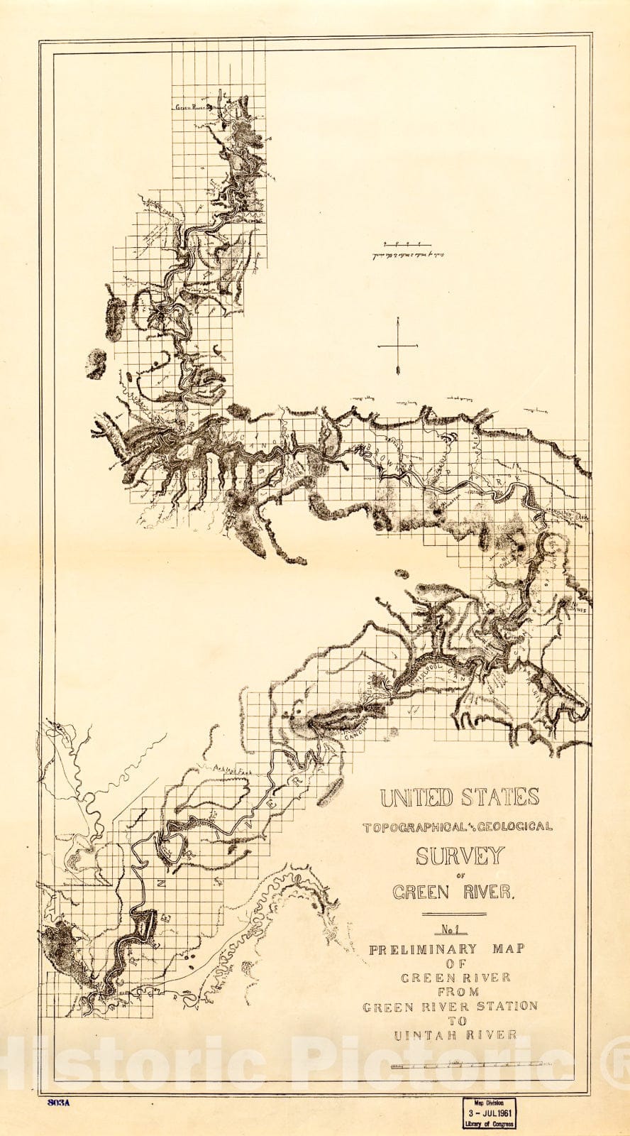 Historic 1871 Map - United States Topographical and Geological Survey of Green River : No 1 Preliminary map of Green River from Green River Station to Uintah River.