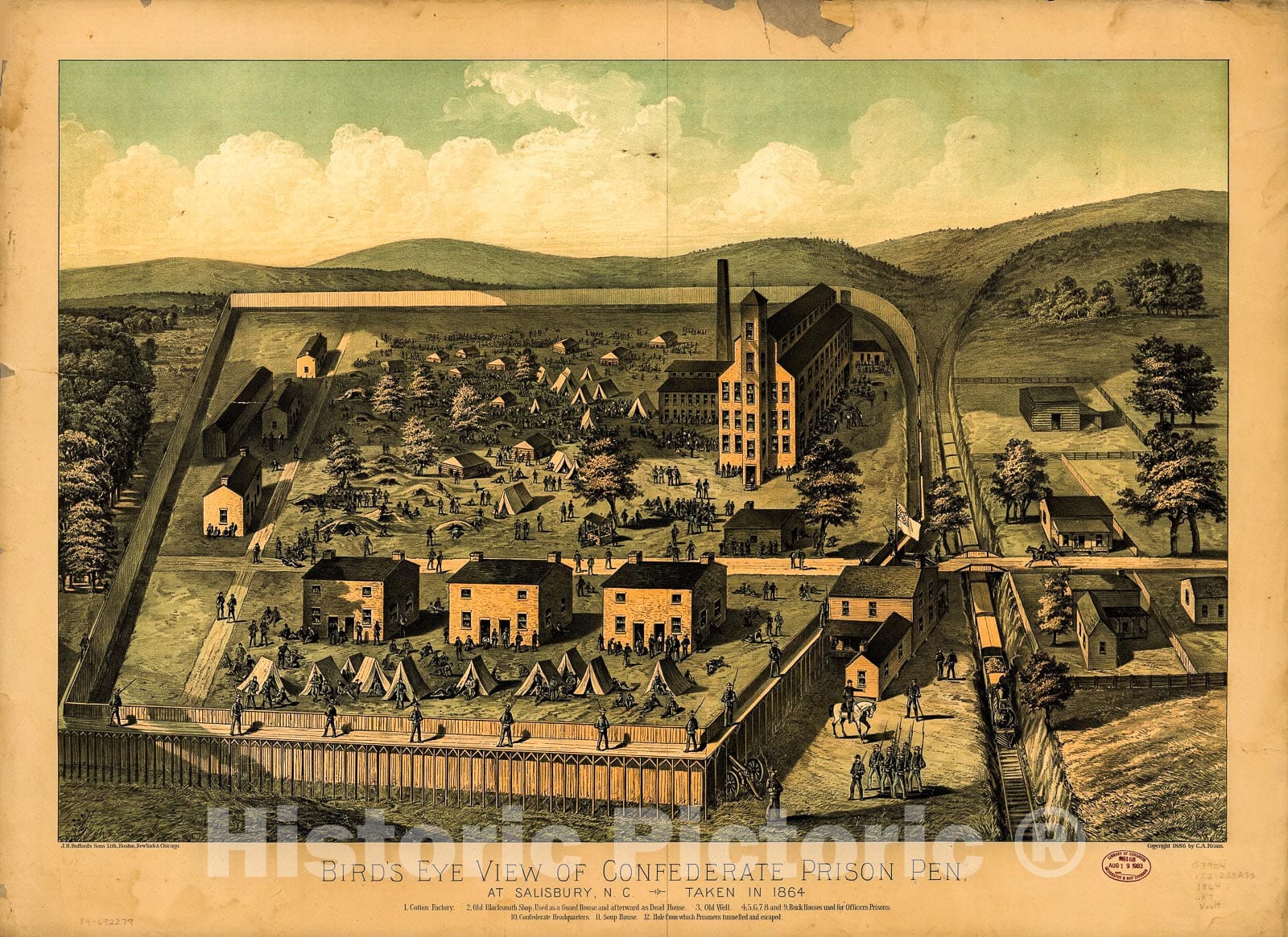 Historic 1864 Map - Bird's Eye View of Confederate Prison Pen at Salisbury, N.C, Taken in 1864.
