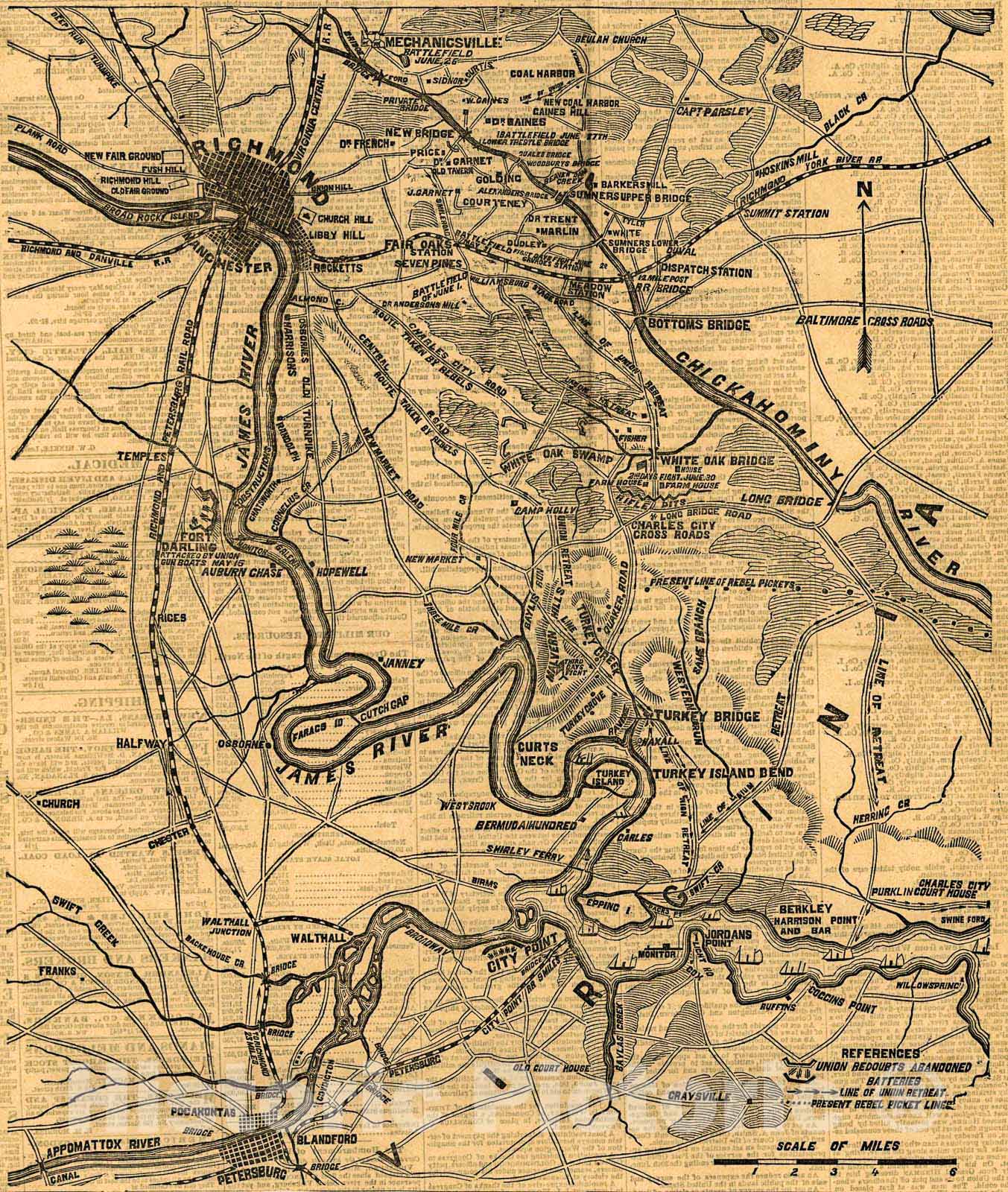 Historic 1862 Map - The Heart of The Rebellion: Scene of The Late Seven Days Battles Near Richmond; New Base of Operations of The Army of The Potomac.