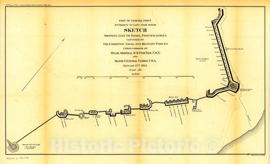 Historic 1865 Map - Part of Federal Point Entrance to Cape Fear River. Sketch Showing line of Rebel forifications Captured by The Combined Naval and Military Forces