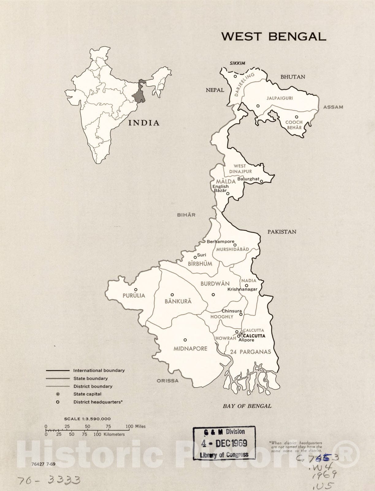 Historic 1969 Map - West Bengal. 7-69.