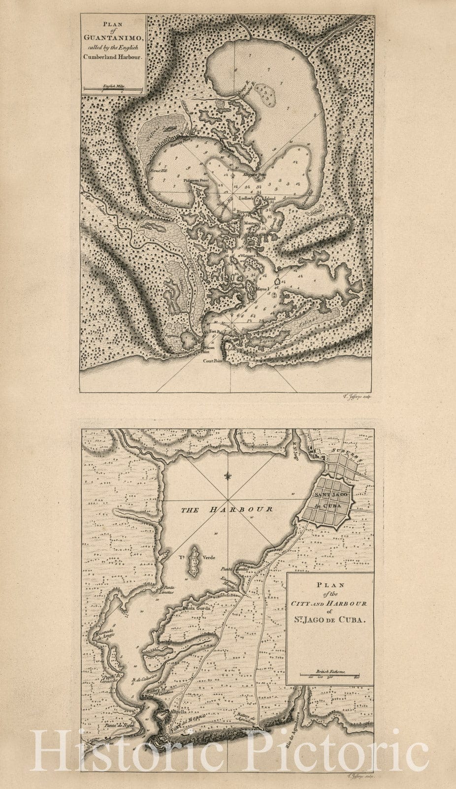 Historic 1768 Map - Plan of Guantanimo, Called by The English Cumberland Harbour. Plan of The City and Harbour of St. Jago de Cuba.