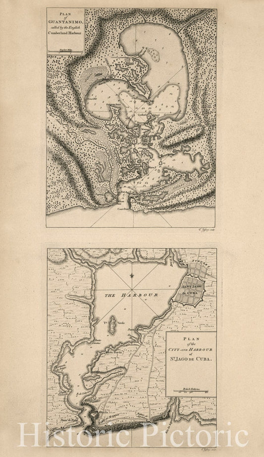 Historic 1768 Map - Plan of Guantanimo, Called by The English Cumberland Harbour. Plan of The City and Harbour of St. Jago de Cuba.