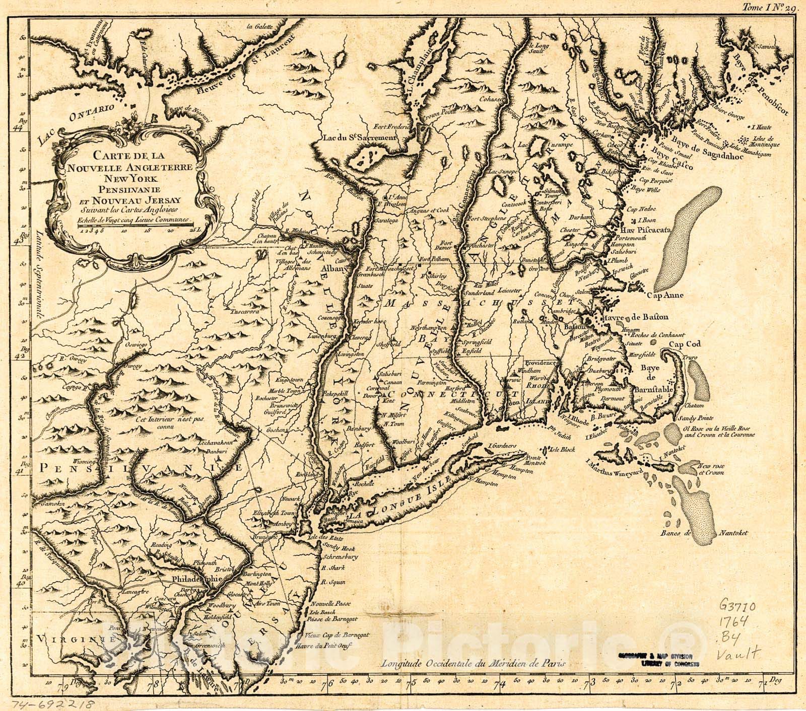 Historic 1764 Map - Carte de la Nouvelle Angleterre, New York, Pensilvanie et Nouveau Jersay suivant les Cartes angloises.