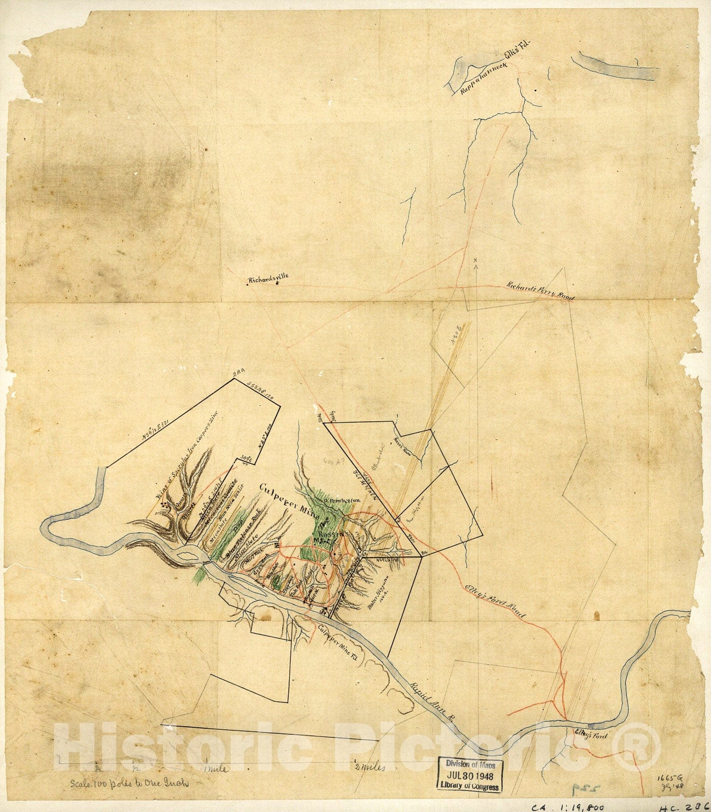 Historic 1880 Map - Map of Mineral Lands in Culpepper County, Virginia, on The Rapidan River