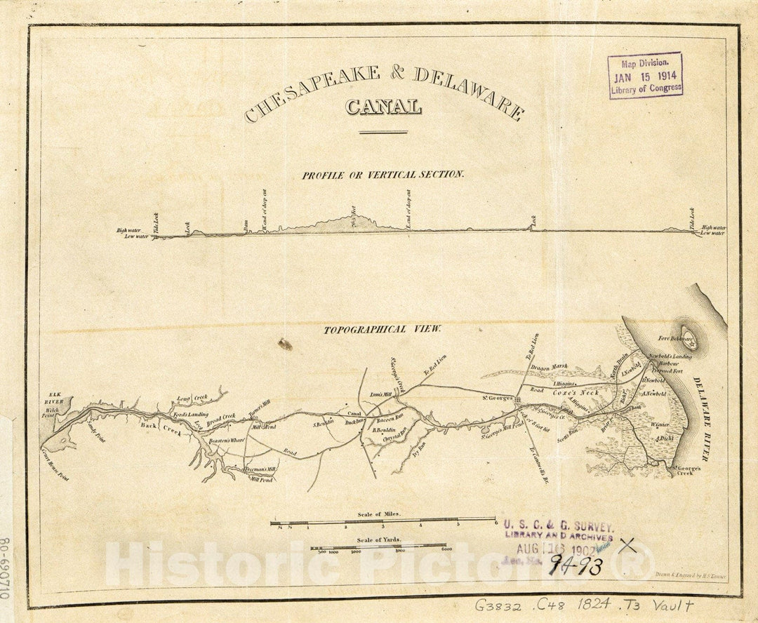 Historic 1824 Map - Chesapeake & Delaware Canal, Topographical View