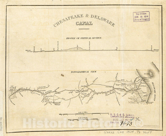 Historic 1824 Map - Chesapeake & Delaware Canal, Topographical View