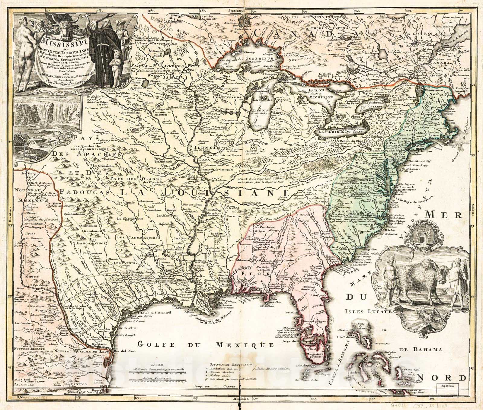 Historic 1759 Map - AmplissimÃ¦ regionis Mississipi seu provinciÃ¦ LudovicianÃ¦ Ã¢ R.P. Ludovico Hennepin Fransisc. Miss in America Septentrionali Anno 1687.