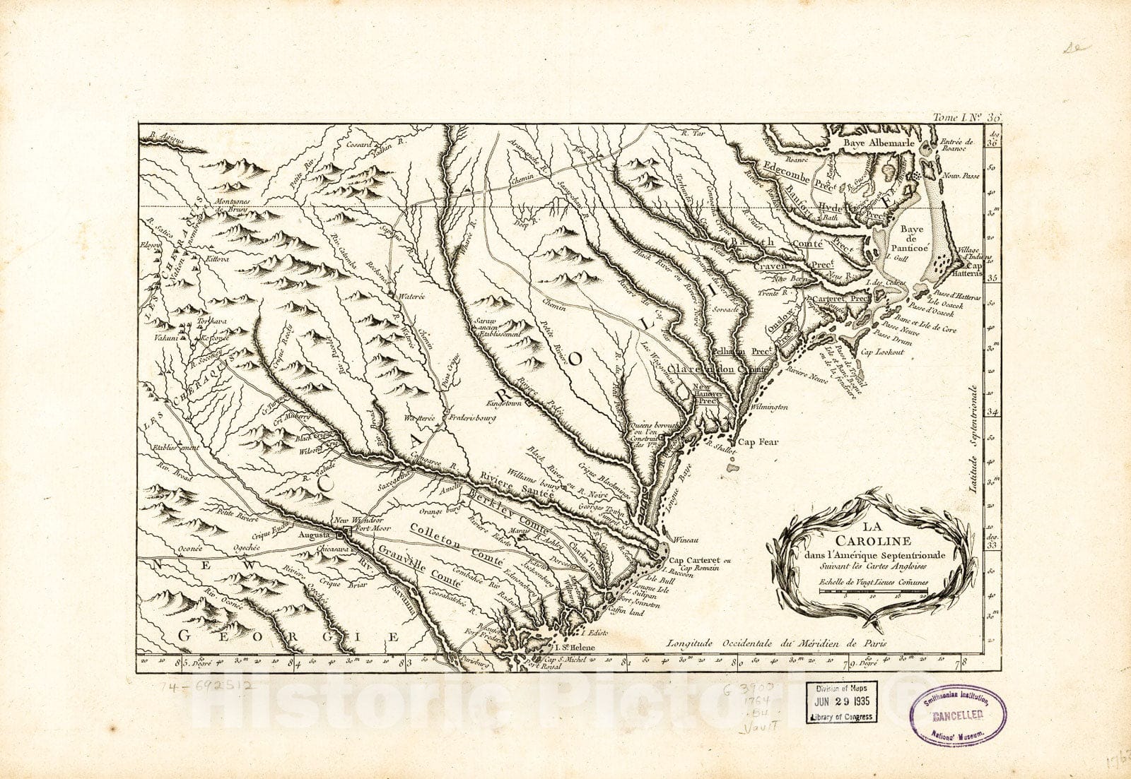 Historic 1764 Map - La Caroline Dans l'AmÃ©rique septentrionale suivant les Cartes angloises.