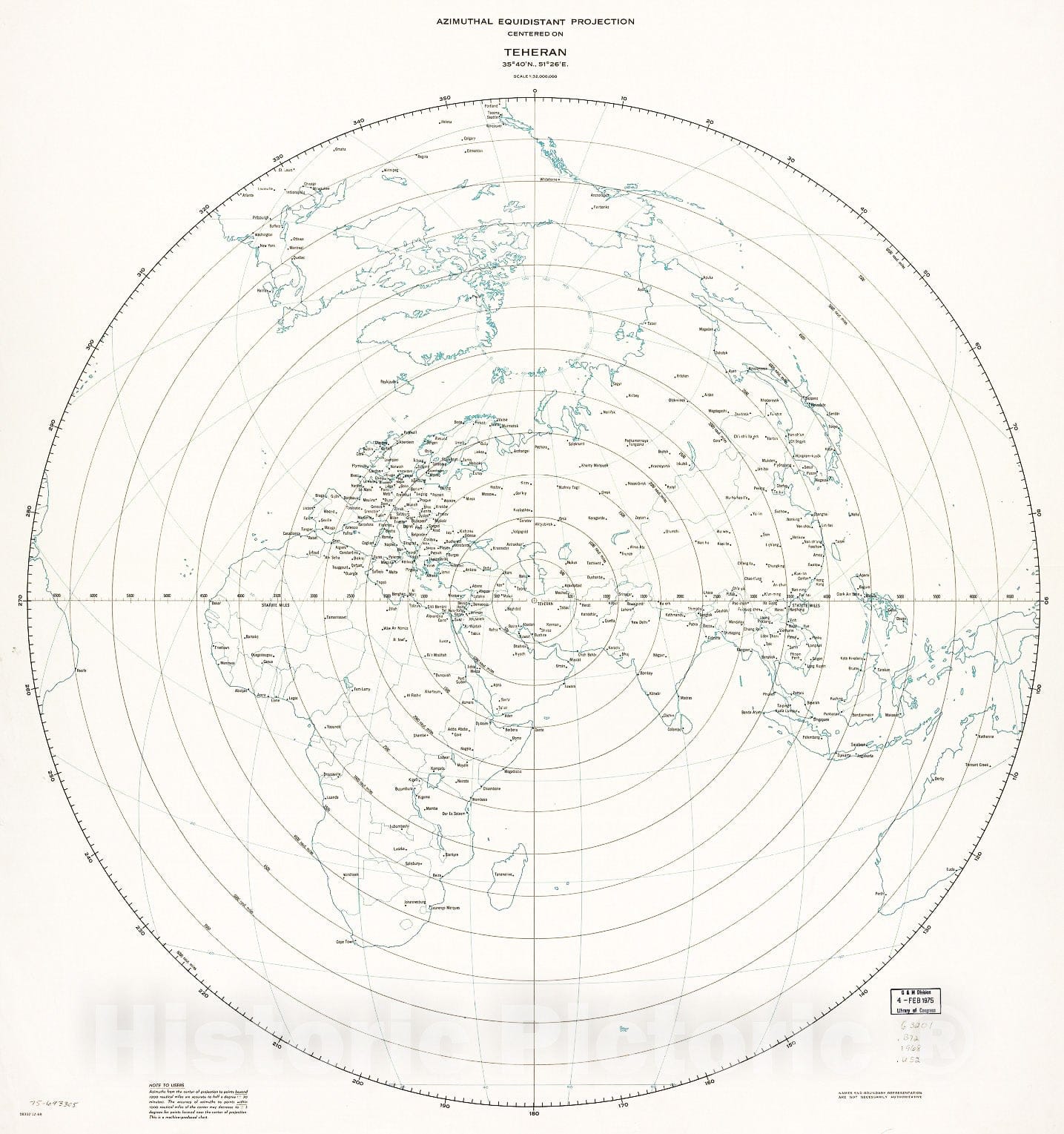 Historic 1968 Map - Azimuthal equidistant Projection Centered on Taipei, 2503N, 12130E. 7-68.