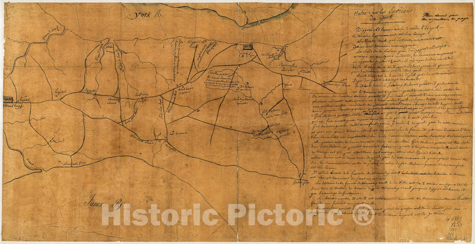 Historic 1781 Map - Notes sur les Environs de York: Plan donnÃ© par des arpenteurs du Pays.