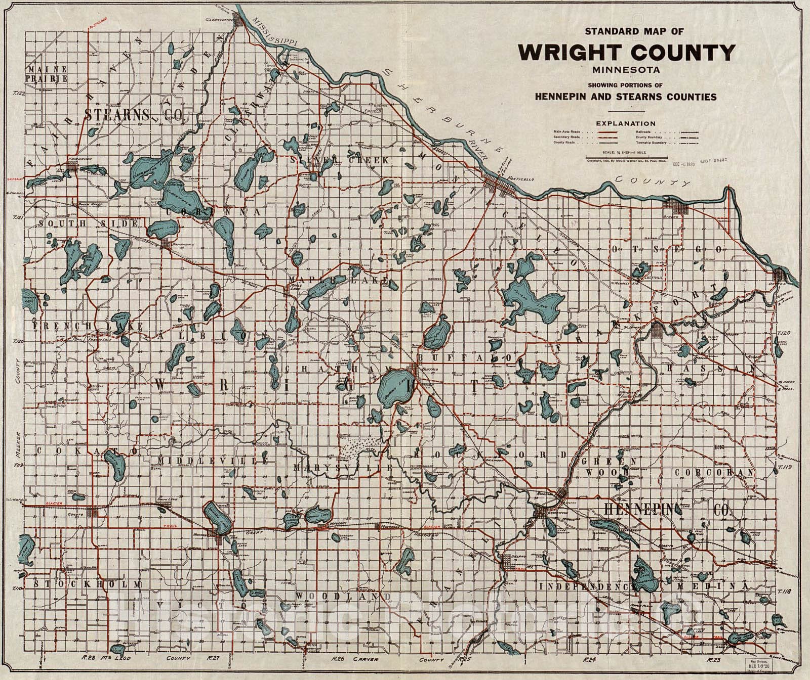 Historic 1920 Map - Standard map of Wright County, Minnesota : Showing portions of Hennepin and Stearns Counties.