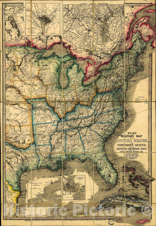 Historic 1861 Map - Wyld's Military map of The United States, The Northern States, and The Southern Confederate States: with The forts, harbours, arsenals, and Military Positions.