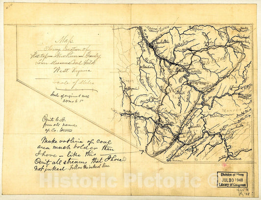 Historic 1880 Map - Map Showing Location of Flat top, New River, Gauly Lower Measures Coal Field, West Virginia.