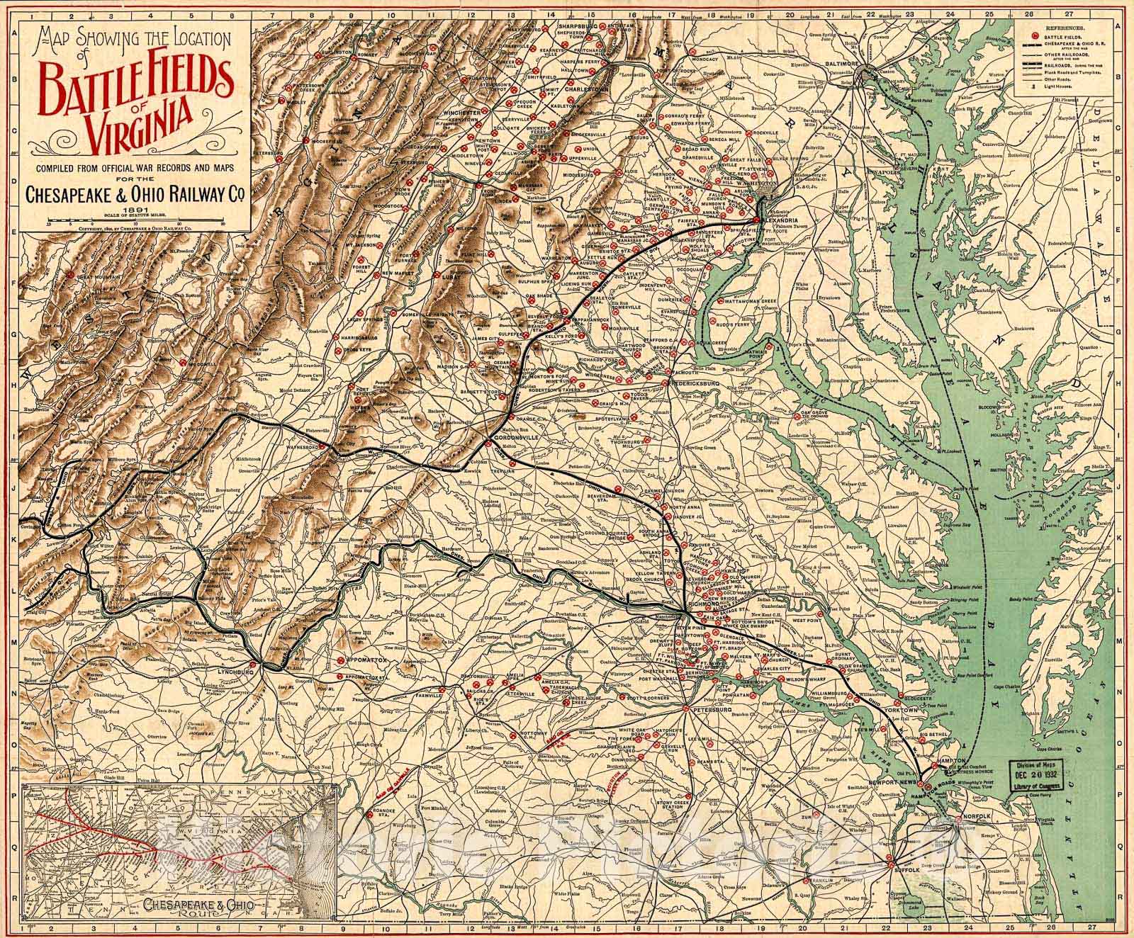 Historic 1895 Map - Map Showing The Location of Battle Fields of Virginia