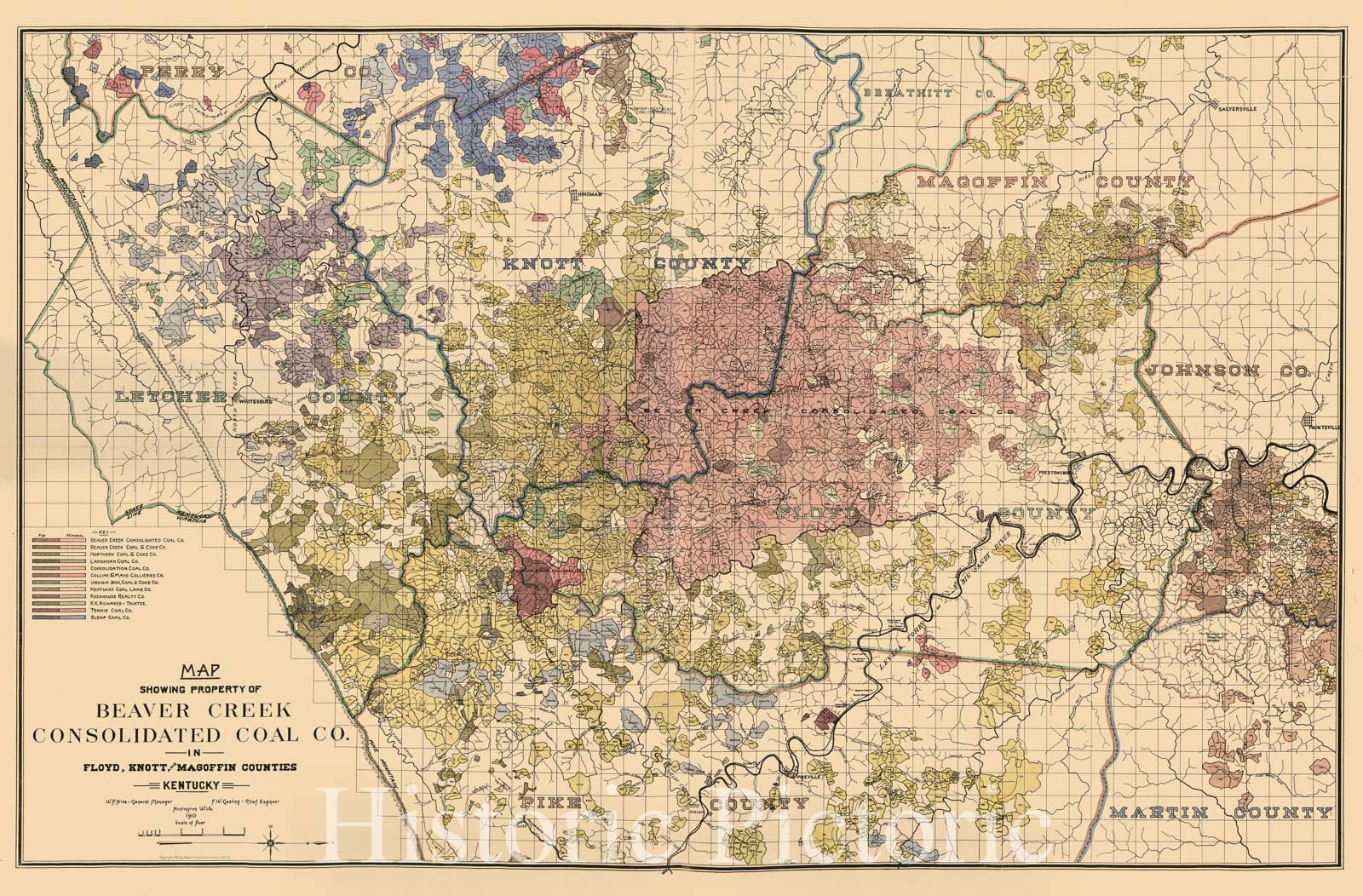Historic 1910 Map - Map Showing Property of Beaver Creek Consolidated Coal Co. in Floyd, Knott and Magoffin Counties, Kentucky