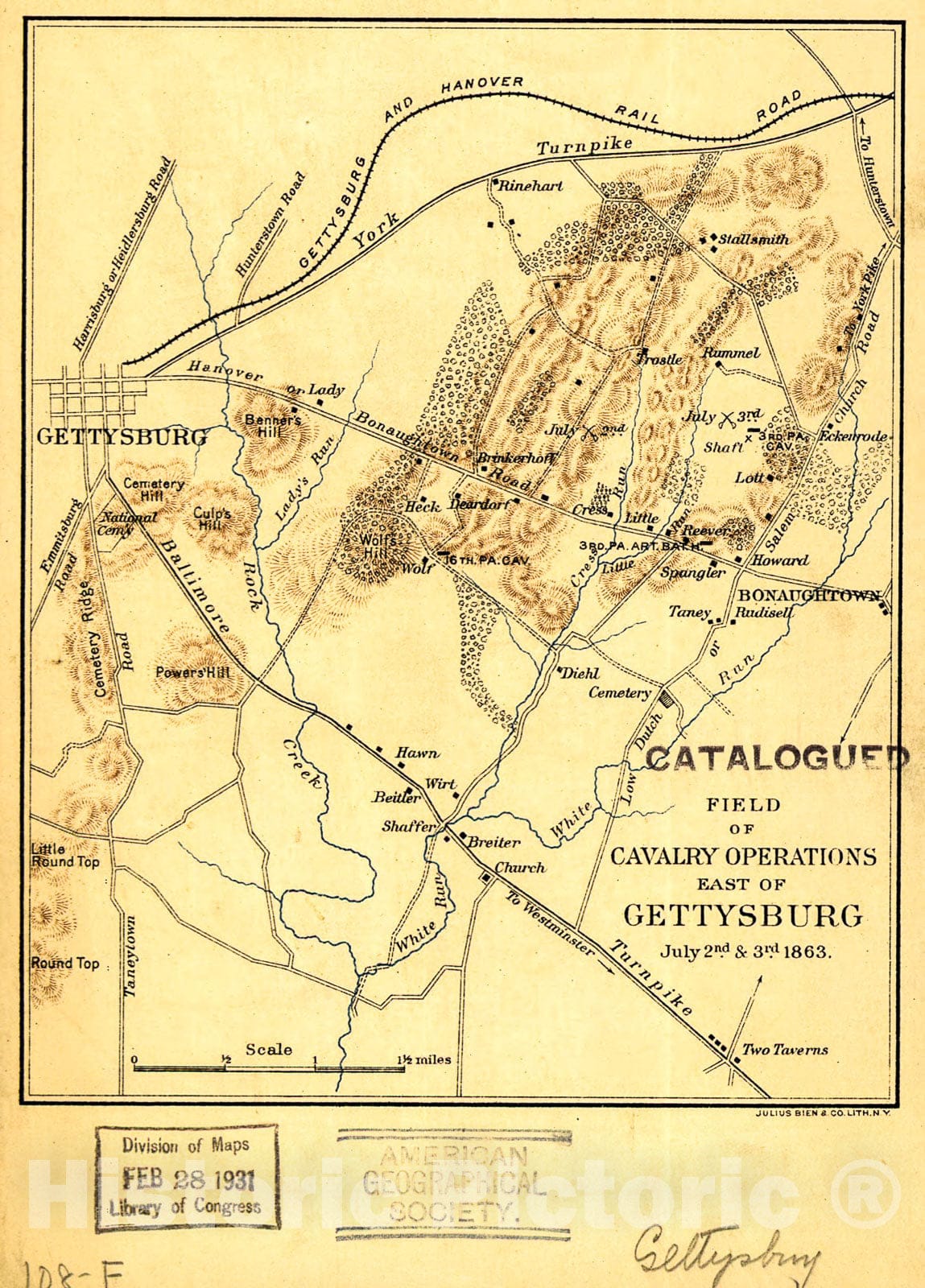 Historic 1863 Map - Field of Cavalry Operations East of Gettysburg, July 2nd & 3rd 1863.