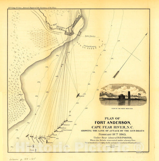 Historic 1865 Map - Plan of Fort Anderson, Cape Fear River, N.C. Showing The line of Attack by The Gun-Boats February 18th 1865