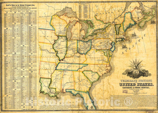 Historic 1853 Map - Telegraph Stations in The United States, The Canadas & Nova Scotia.