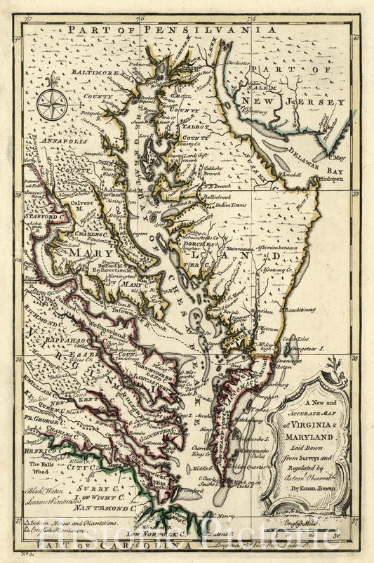 Historic 1752 Map - A New and Accurate map of Virginia & Maryland 2