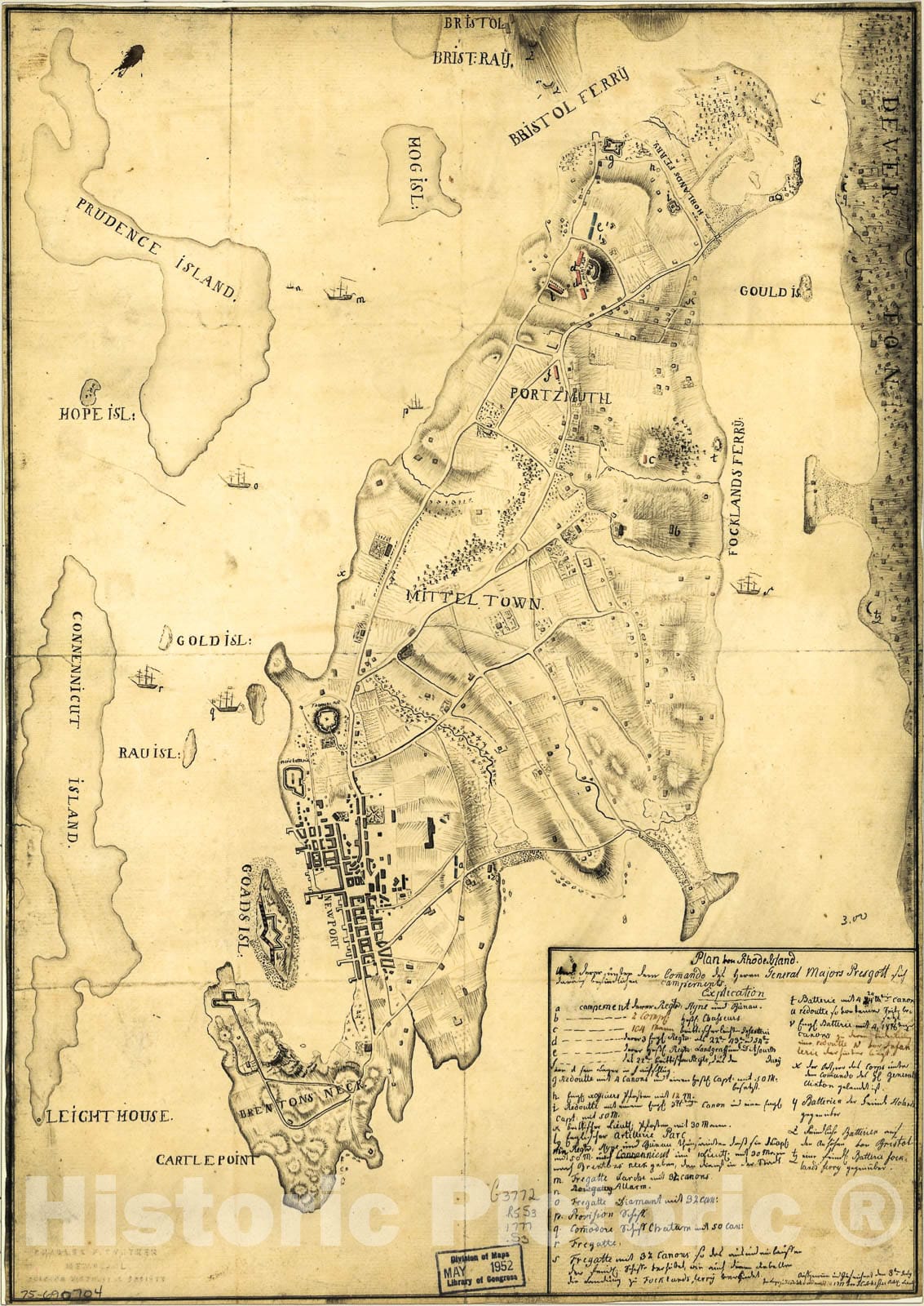 Historic 1777 Map - Plan von Rhode Island, und deren dem comando des Herrn General Majors Presgott inf Dies-malig befundlichen campements.