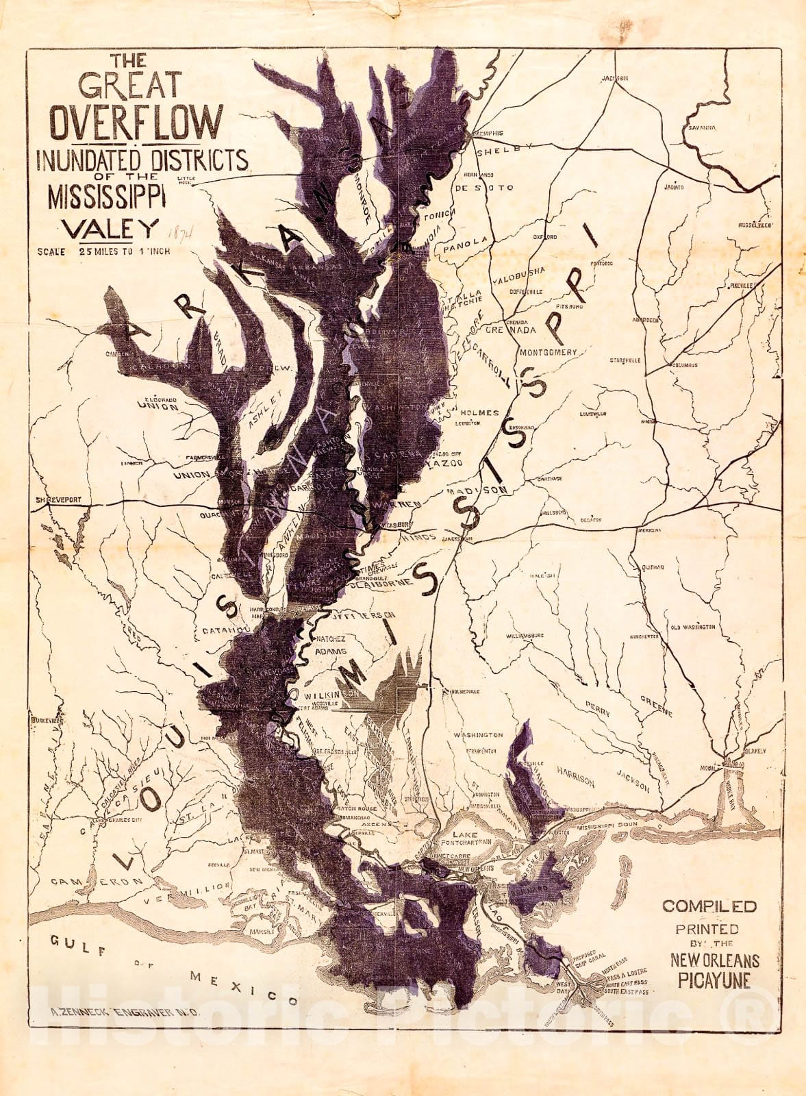 Historic 1874 Map - The Great Overflow : Inundated districts of The Mississippi Valey sic
