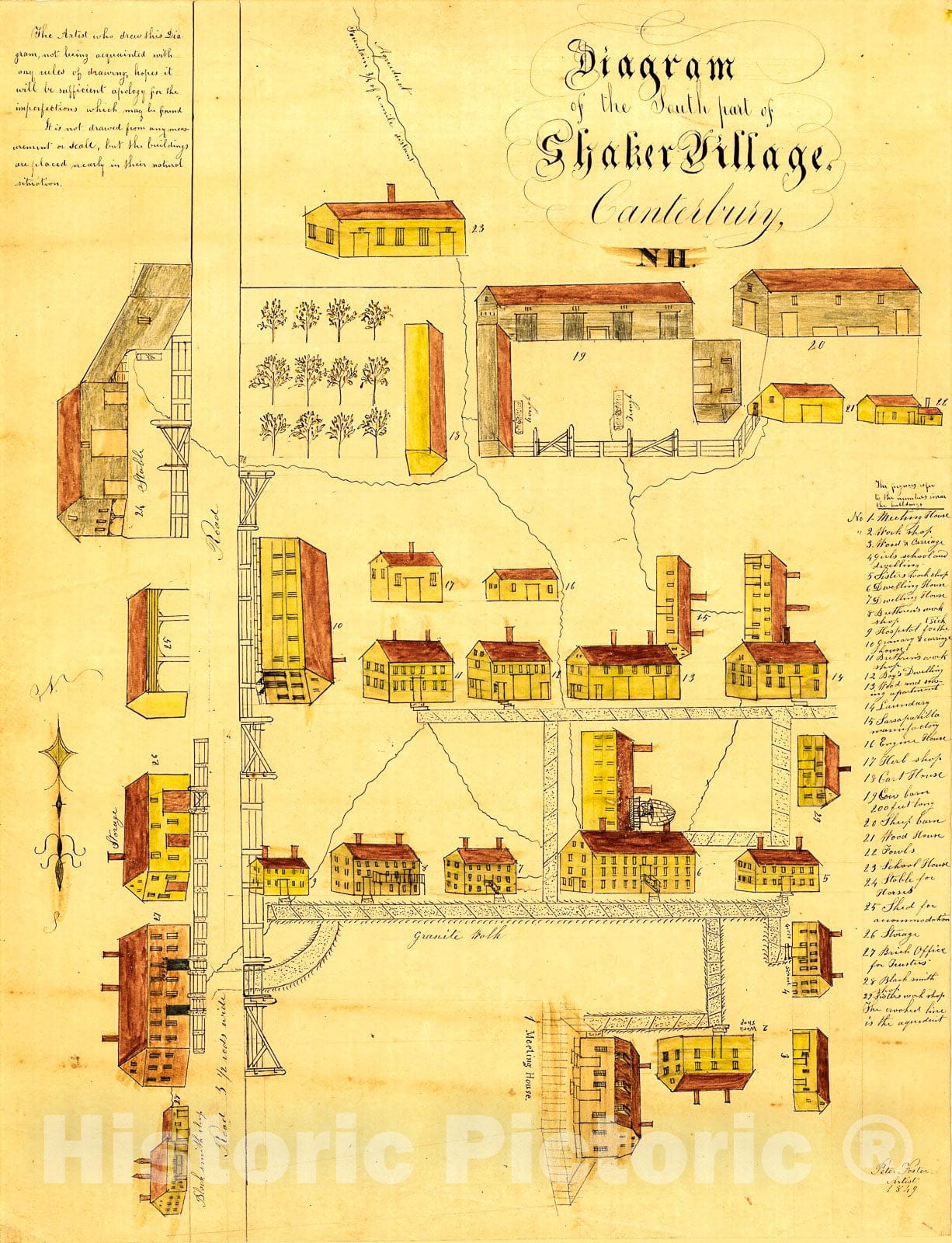 Historic 1849 Map - Diagram of The South Part of Shaker Village, Canterbury, NH.