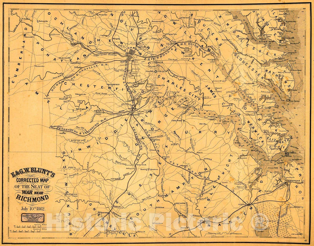 Historic 1862 Map - E. & G. W. Blunt's Corrected map of The seat of war Near Richmond, July 10th, 1862.