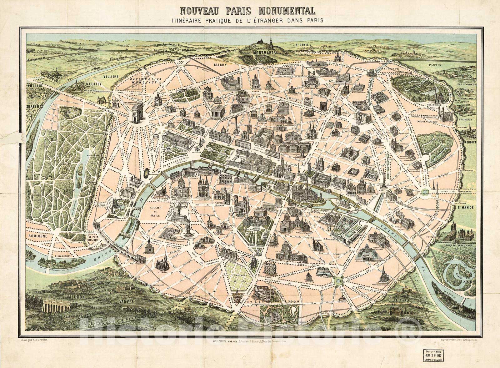 Historic 1878 Map - Nouveau Paris Monumental : itinÃ©raire Pratique de l'Ã©tranger Dans Paris