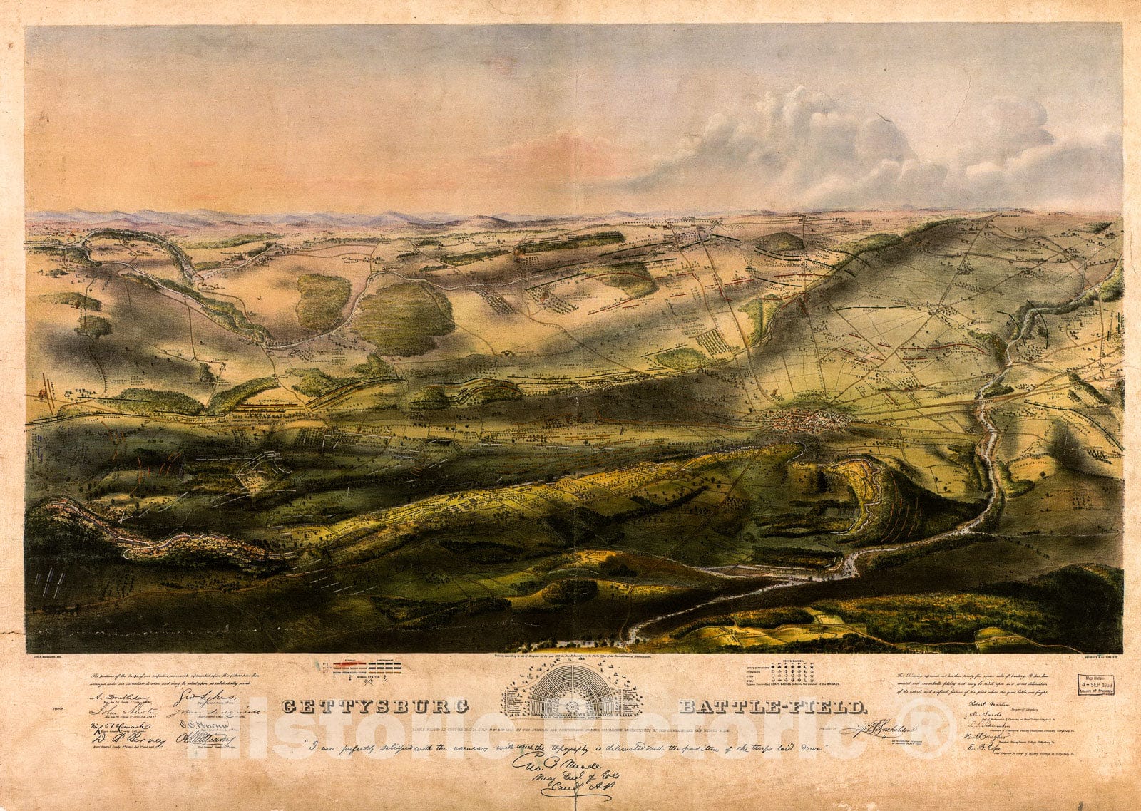 Historic 1863 Map - Gettysburg Battle-Field. Battle Fought at Gettysburg, Pa, July 1st, 2D & 3D, 1863 by The Federal and Confederate Armies