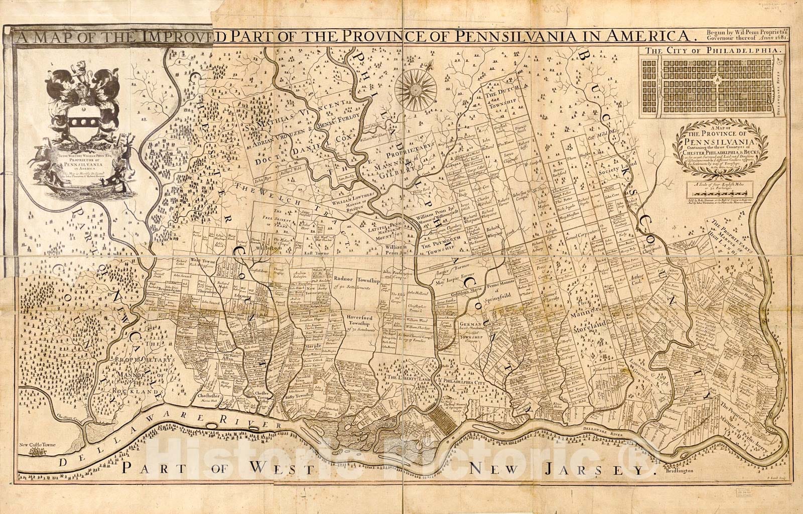 Historic 1687 Map - A map of The Improved Part of The Province of Pennsilvania in America : Begun by Wil. Penn, Proprietary & Governour thereof Anno 1681
