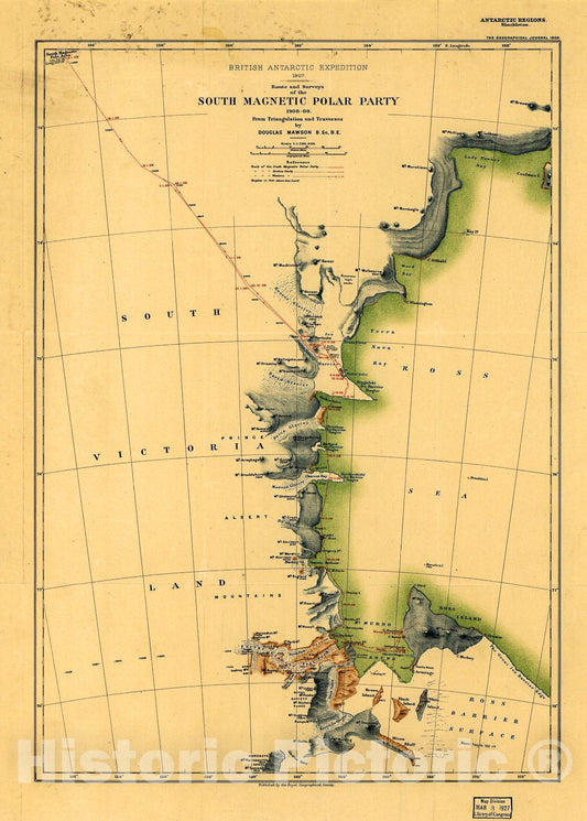 Historic 1909 Map - Route and Surveys of The South Magnetic Polar Party, 1908-09.