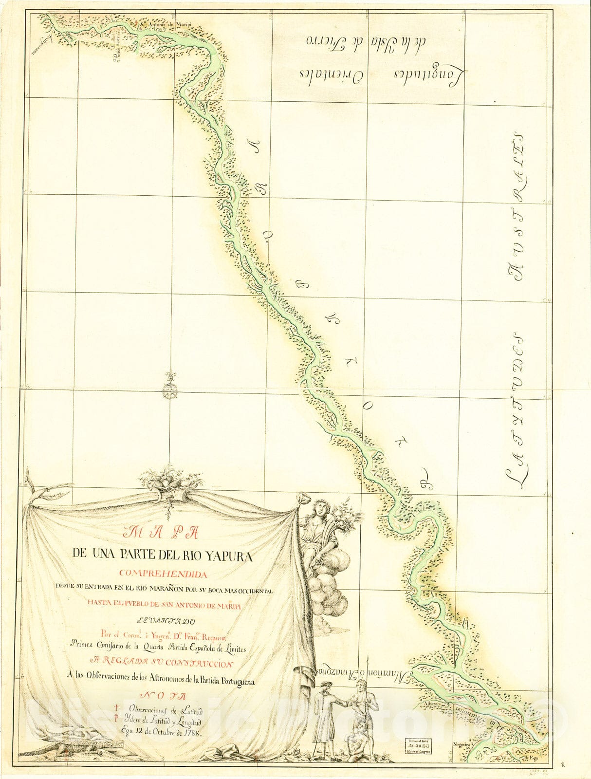 Historic 1788 Map - Mapa de UNA Parte del Rio YapurÃ¡ : comprehendida Desde la Boca del Rio Apaporis Hasta el Salto Grande o cachoeira de Vuia