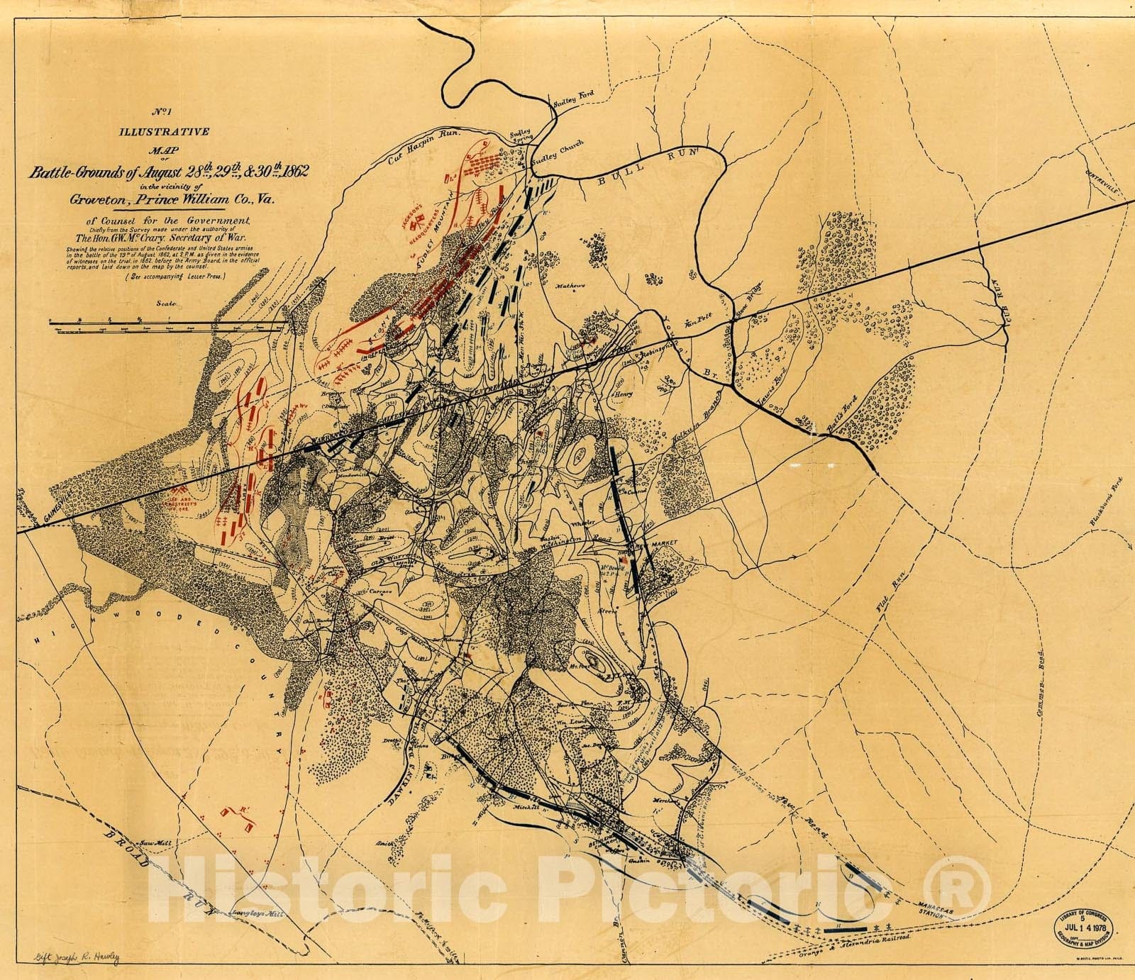 Historic 1878 Map - Illustrative map of Battle-Grounds of August 28th, 29th & 30th, 1862, in The Vicinity of Groveton, Prince William Co, Va. : of Counsel for The Government