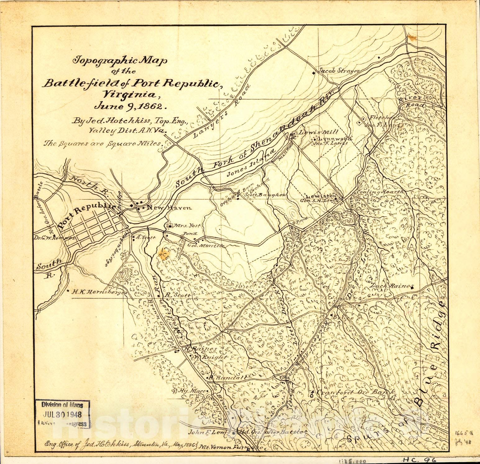 Historic 1886 Map - Topographic map of The Battle-Field of Port Republic, Virginia, June 9, 1862