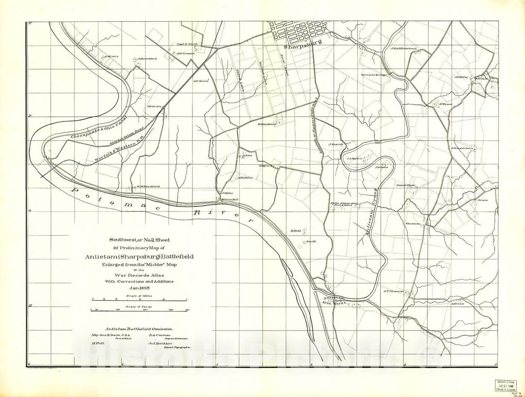 Historic 1895 Map - Southwest, or no. 2, Sheet of Preliminary map of Antietam (Sharpsburg) Battlefield. Enlarged from;Michler; map of The war Records Atlas