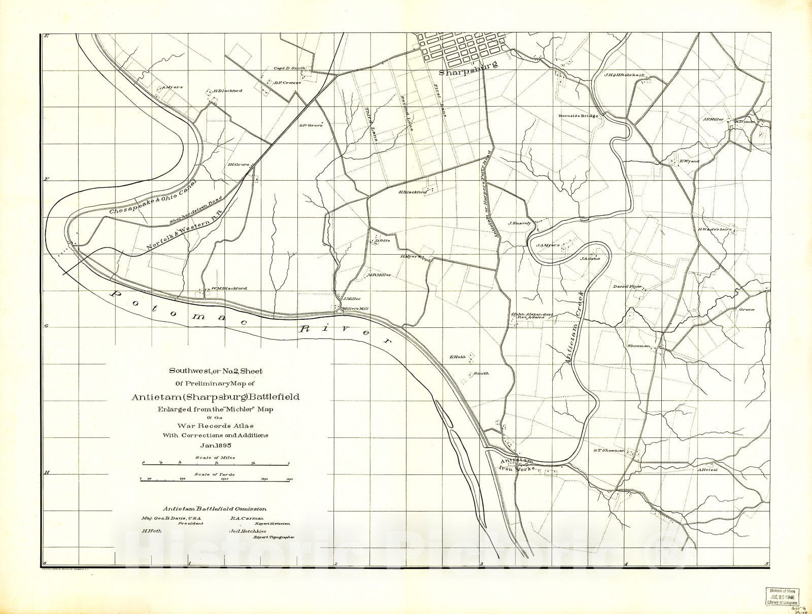 Historic 1895 Map - Southwest, or no. 2, Sheet of Preliminary map of Antietam (Sharpsburg) Battlefield. Enlarged from;Michler; map of The war Records Atlas