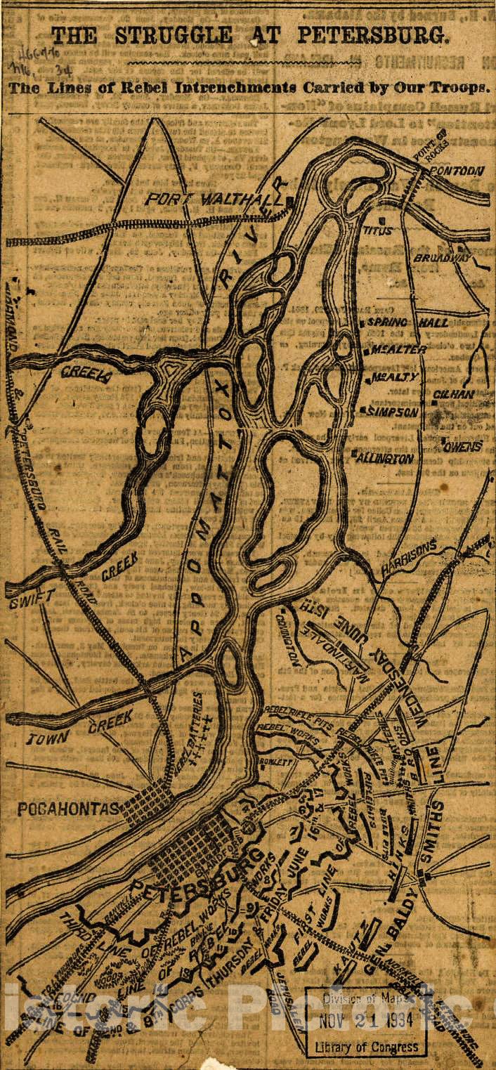 Historic 1864 Map - The Struggle of Petersburg. The Lines of Rebel intrenchments Carried by Our Troops. June 15-17,1864