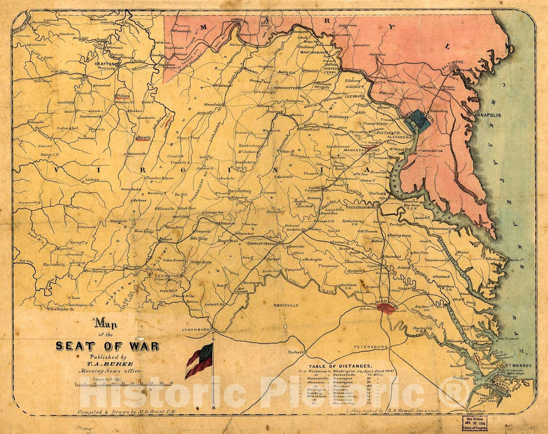 Historic 1861 Map - Map of The seat of war : Virginia and Maryland