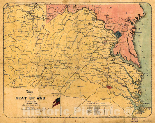 Historic 1861 Map - Map of The seat of war : Virginia and Maryland