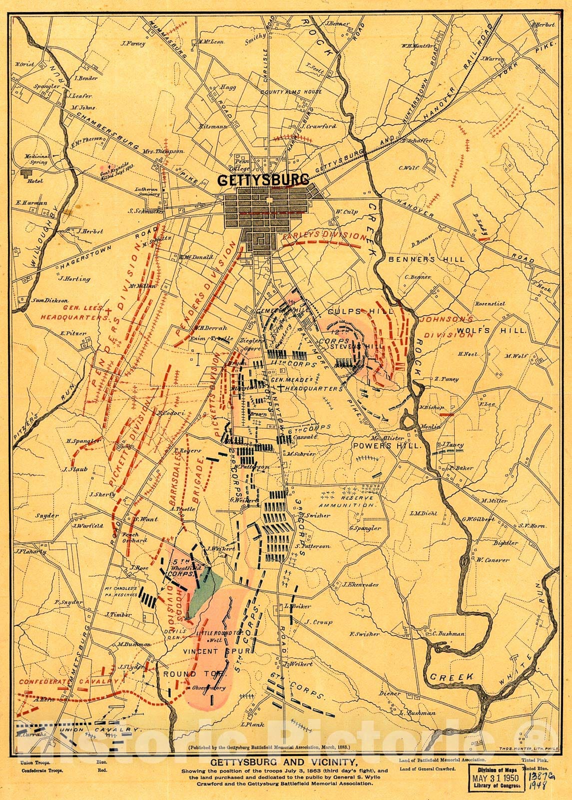 Historic 1863 Map - Gettysburg and Vicinity, Showing The Position of The Troops July 3, 1863 (Third Day's Fight)