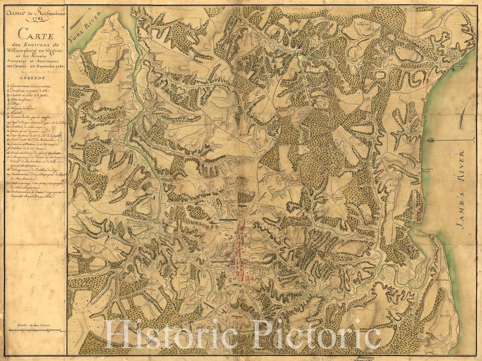 Historic 1782 Map - ArmÃ©e de Rochambeau, 1782. Carte des Environs de Williamsburg en Virginie oÃ¹ les armÃ©es franÃ§oise et amÃ©ricaine ONT campÃ©s en Septembre 1781.