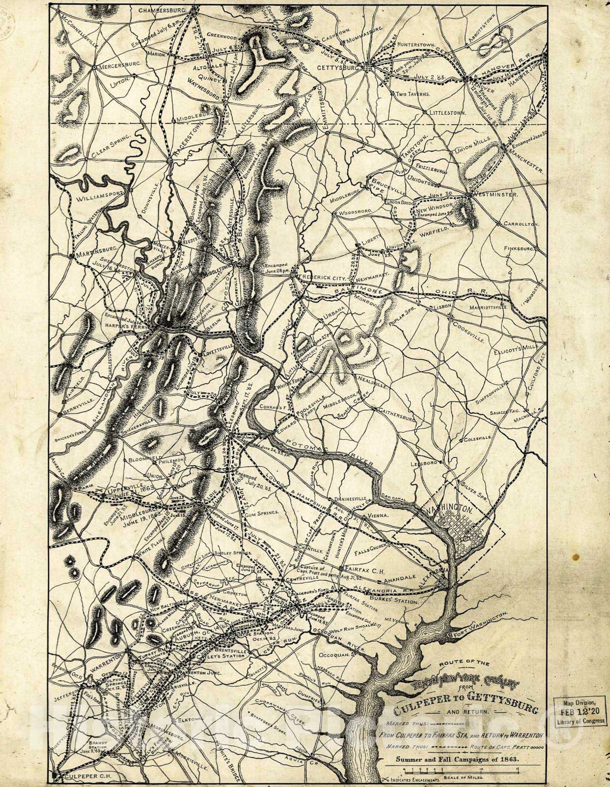 Historic 1863 Map - Route of The Tenth New York Cavalry from Culpeper to Gettysburg and Return. Summer and Fall campaigns of 1863.