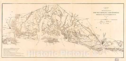Historic 1863 Map - Sketch of sea Coast of South Carolina and Georgia from Bull's Bay to Ossabaw Sound 1