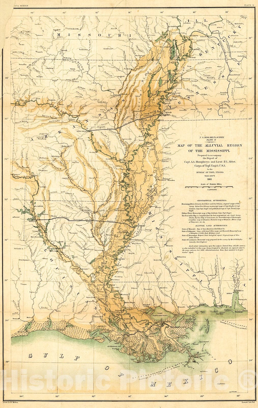Historic 1861 Map - Map of The alluvial Region of The Mississippi 1