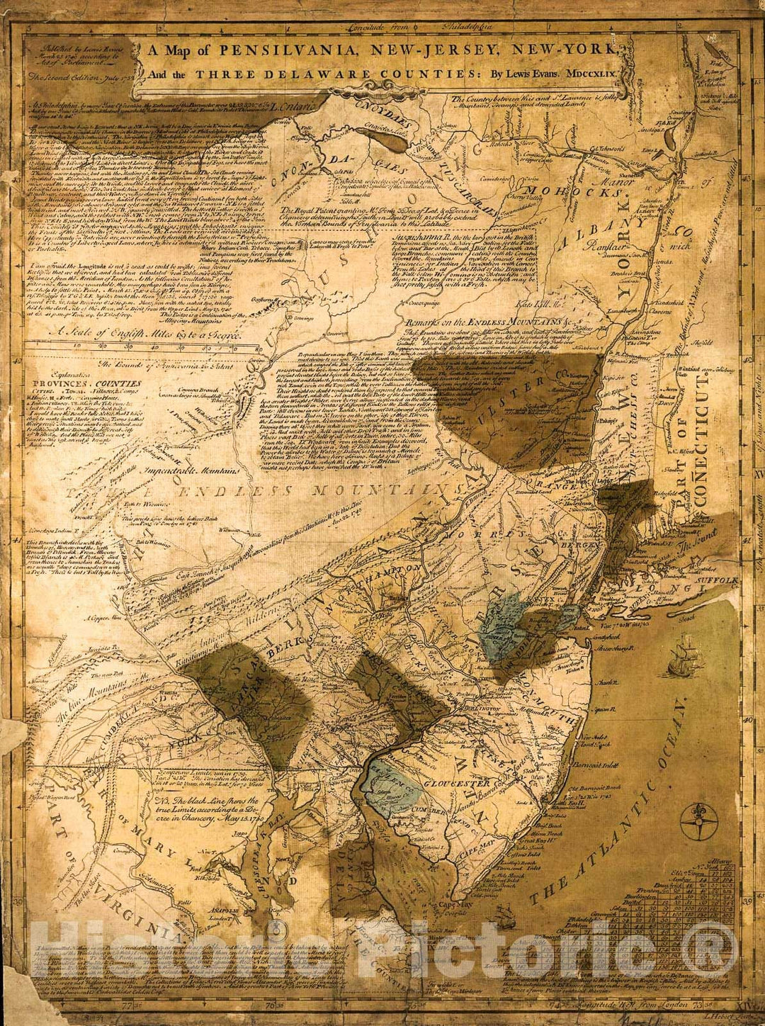 Historic 1752 Map - A map of Pensilvania, New-Jersey, New-York, and The Three Delaware Counties.