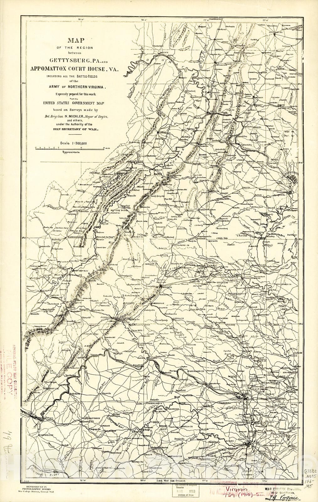 Historic 1860 Map - Map of The Region Between Gettysburg, Pa. and Appomattox Court House, Va. : Including All The Battle-Fields sic of The Army of Northern Virginia