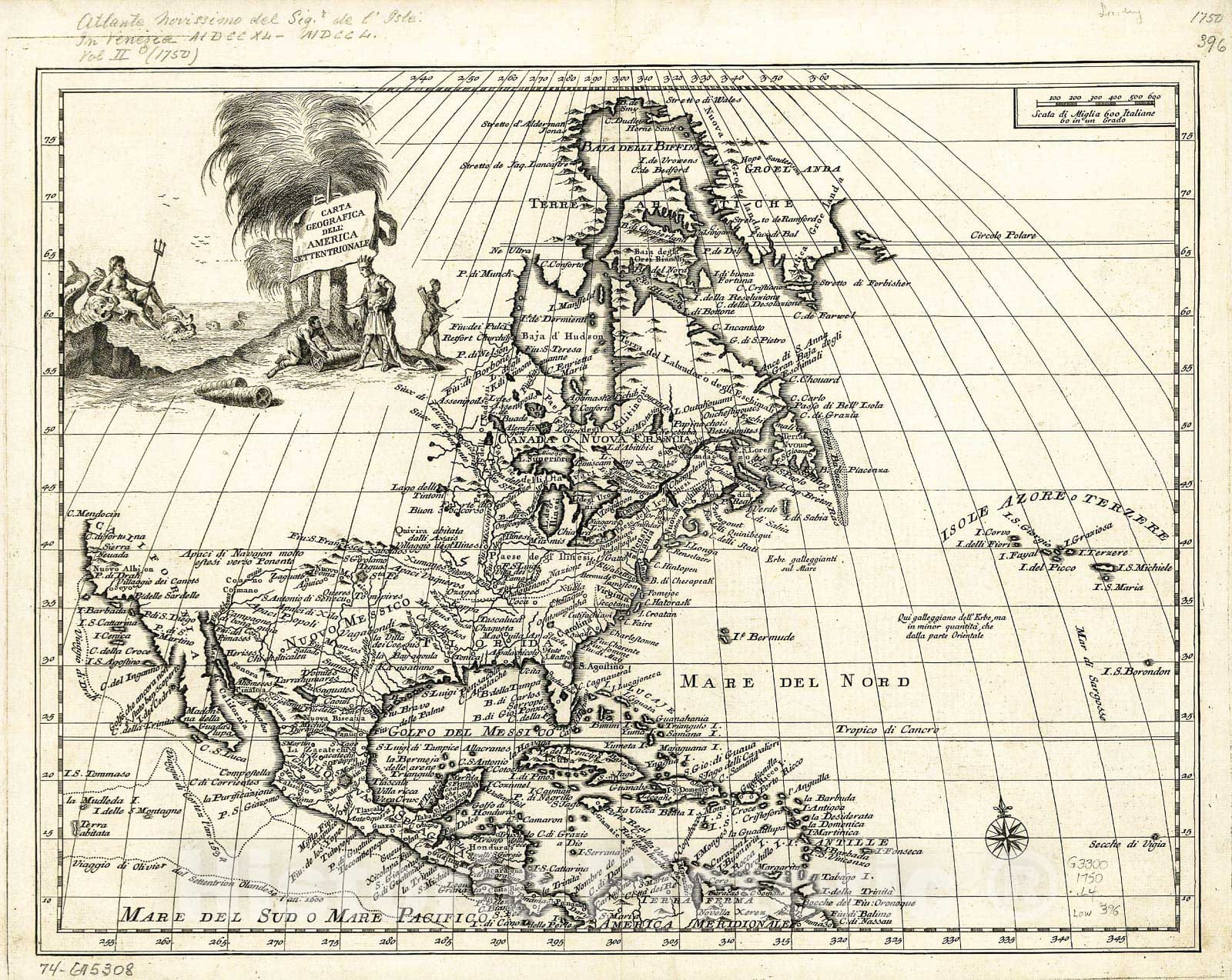 Historic 1750 Map - Carta geografica dell' America settentrionale.