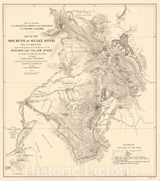 Historic 1870 Map - Map of The Sources of Snake River : with its Tributaries Together with portions of The headwaters of The Madison and Yellowstone from surveys and observations